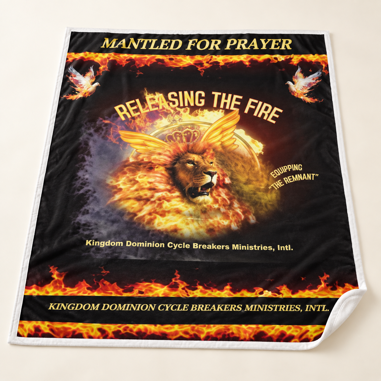 Prayer Blanket with the collection’s lion, crown, and fire artwork