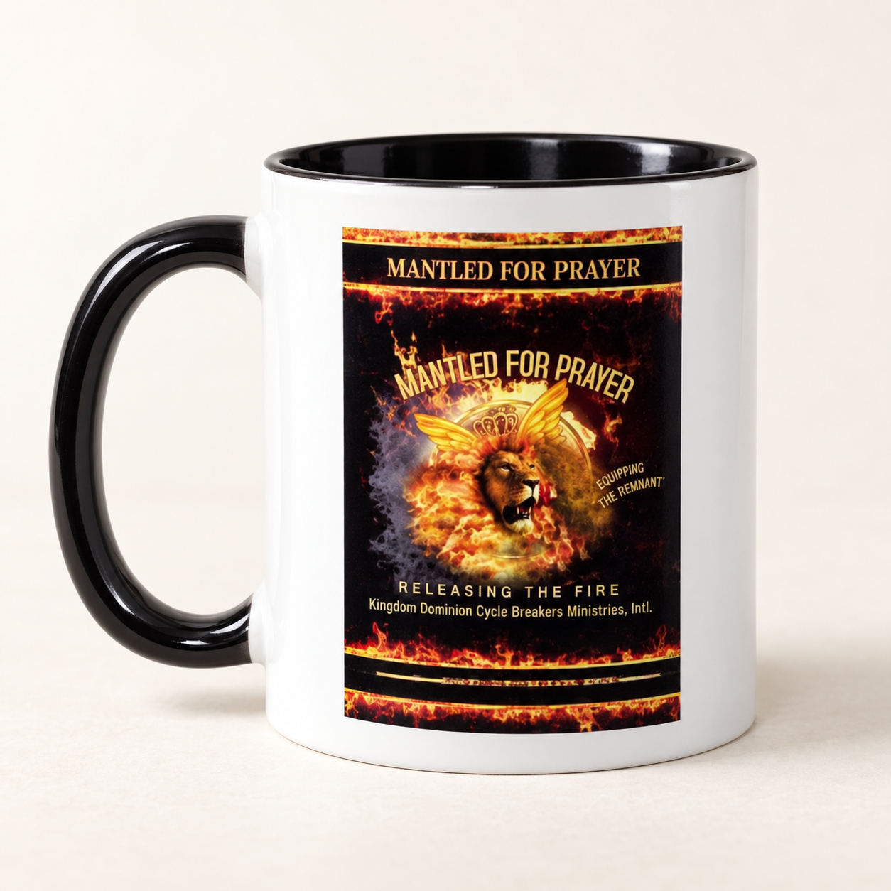 Collection Mug with the collection’s lion, crown, and fire artwork