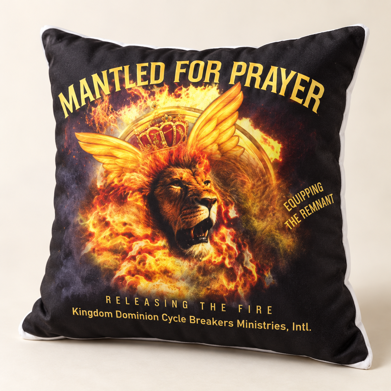 Prayer Pillow with the collection’s lion, crown, and fire artwork