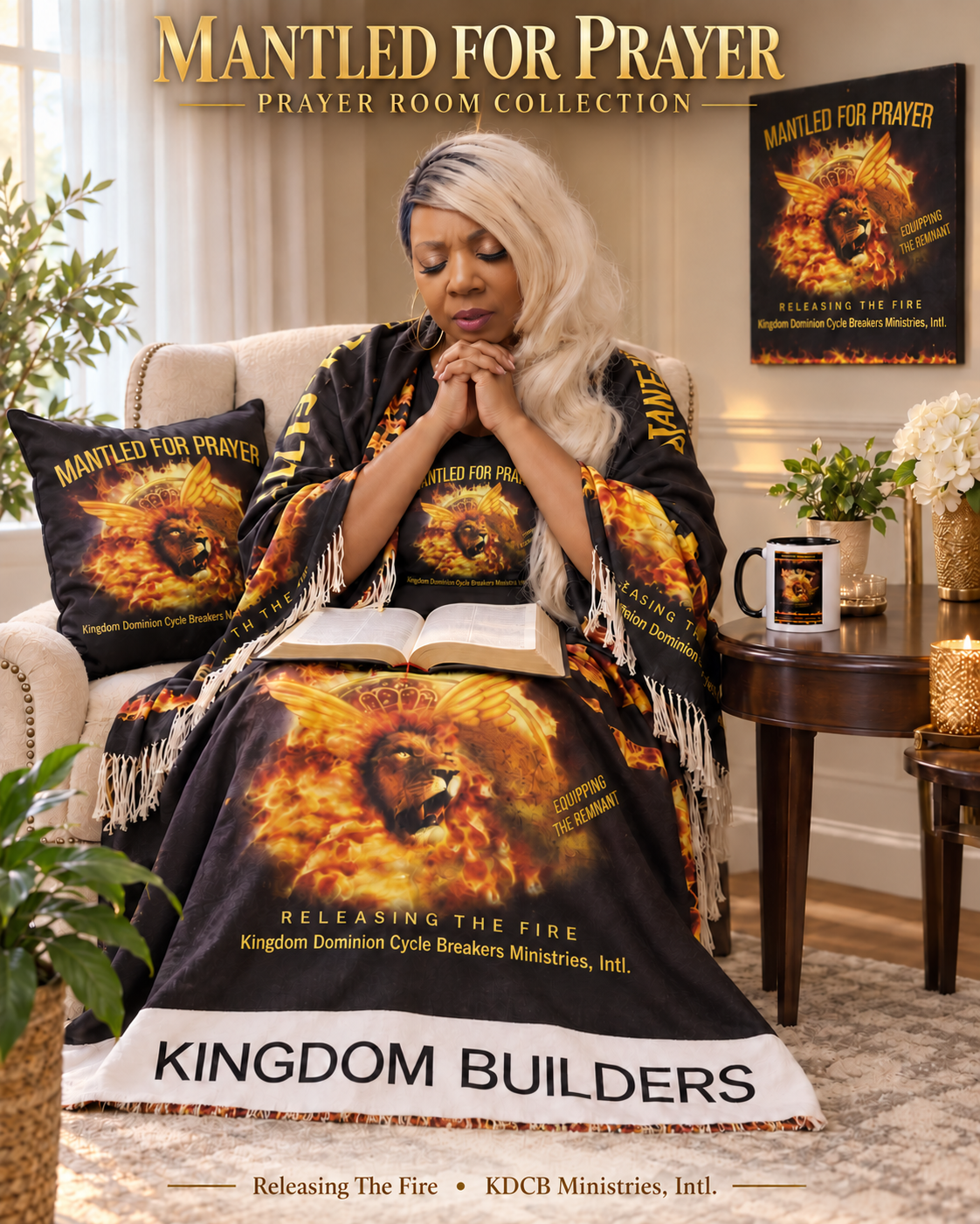 Apostle Karen Bolden in prayer with the Mantled For Prayer collection