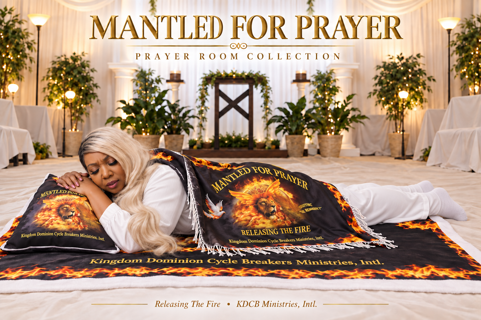 Apostle Karen Bolden praying with the collection’s blanket, shawl, and pillow in a sanctuary