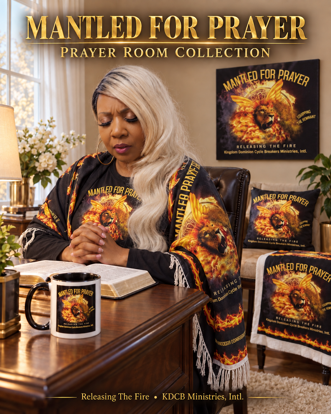 Apostle Karen Bolden praying at an open Bible with the collection’s mug, pillow, shawl, and plaque