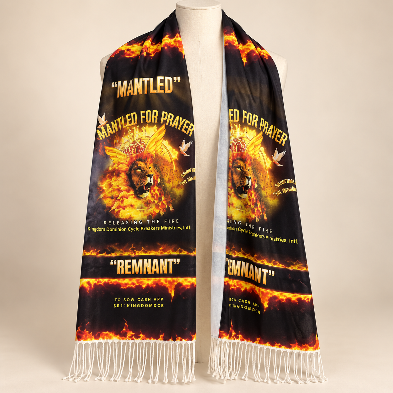 Prayer Shawl with the collection’s lion, crown, and fire artwork